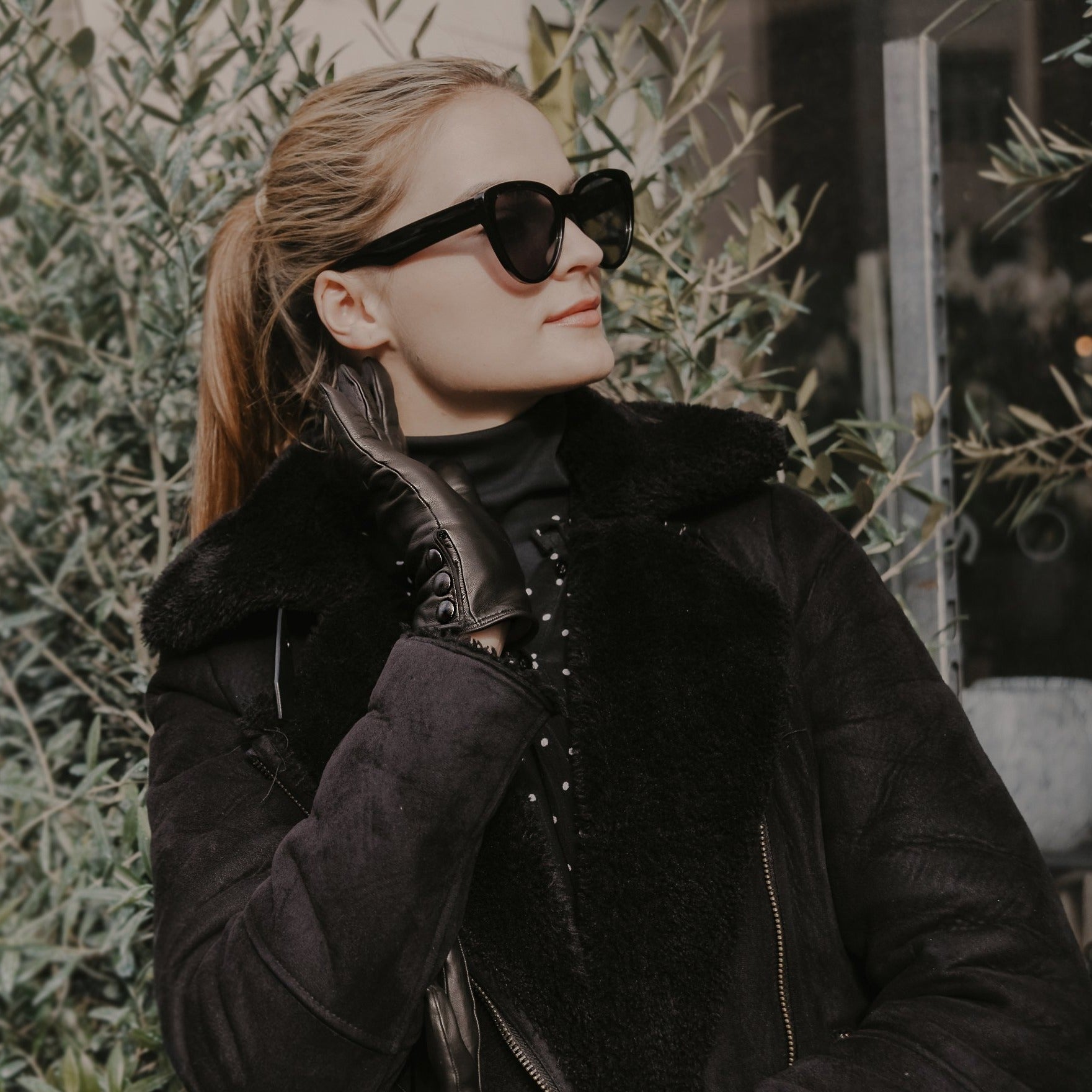 Celine | Leather Glove with Button Cuff-Cornelia James