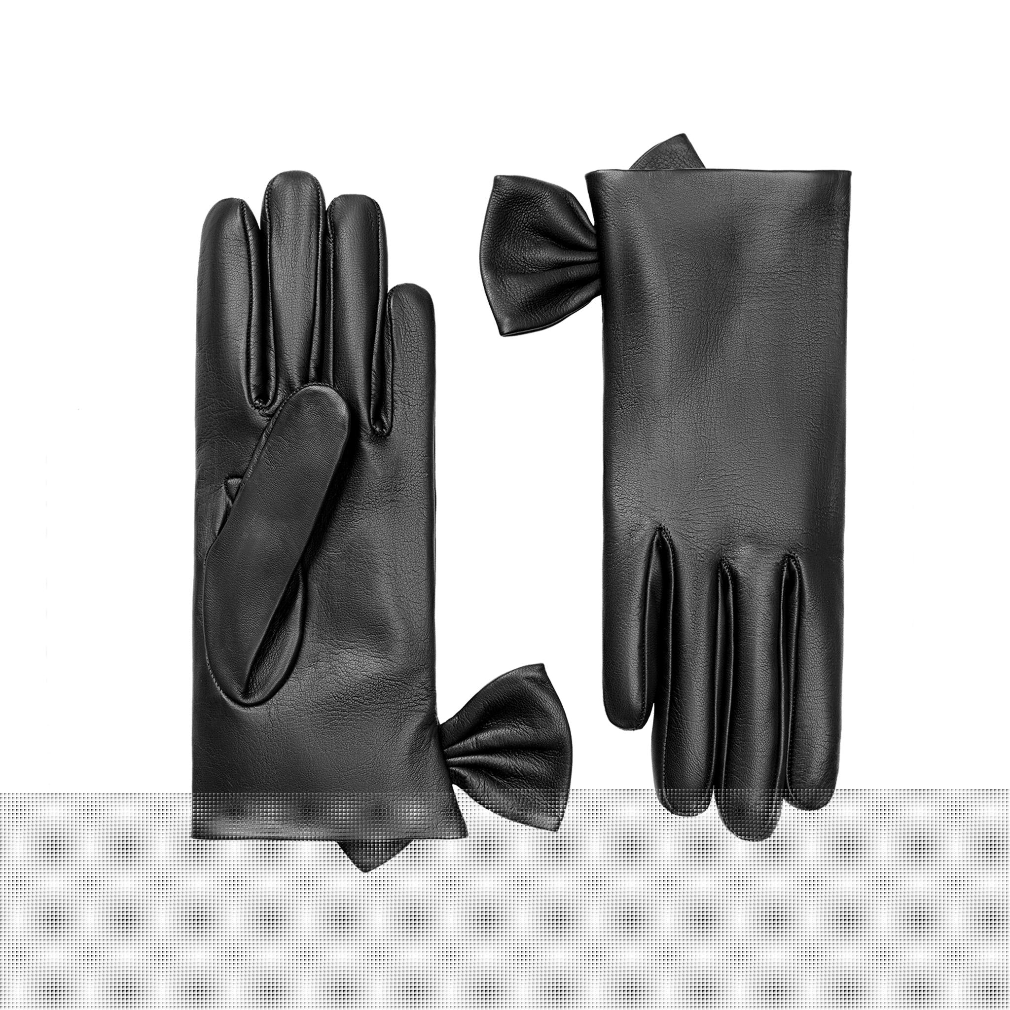 Fleur | Leather Glove with Bow Trim-Black-Cornelia James